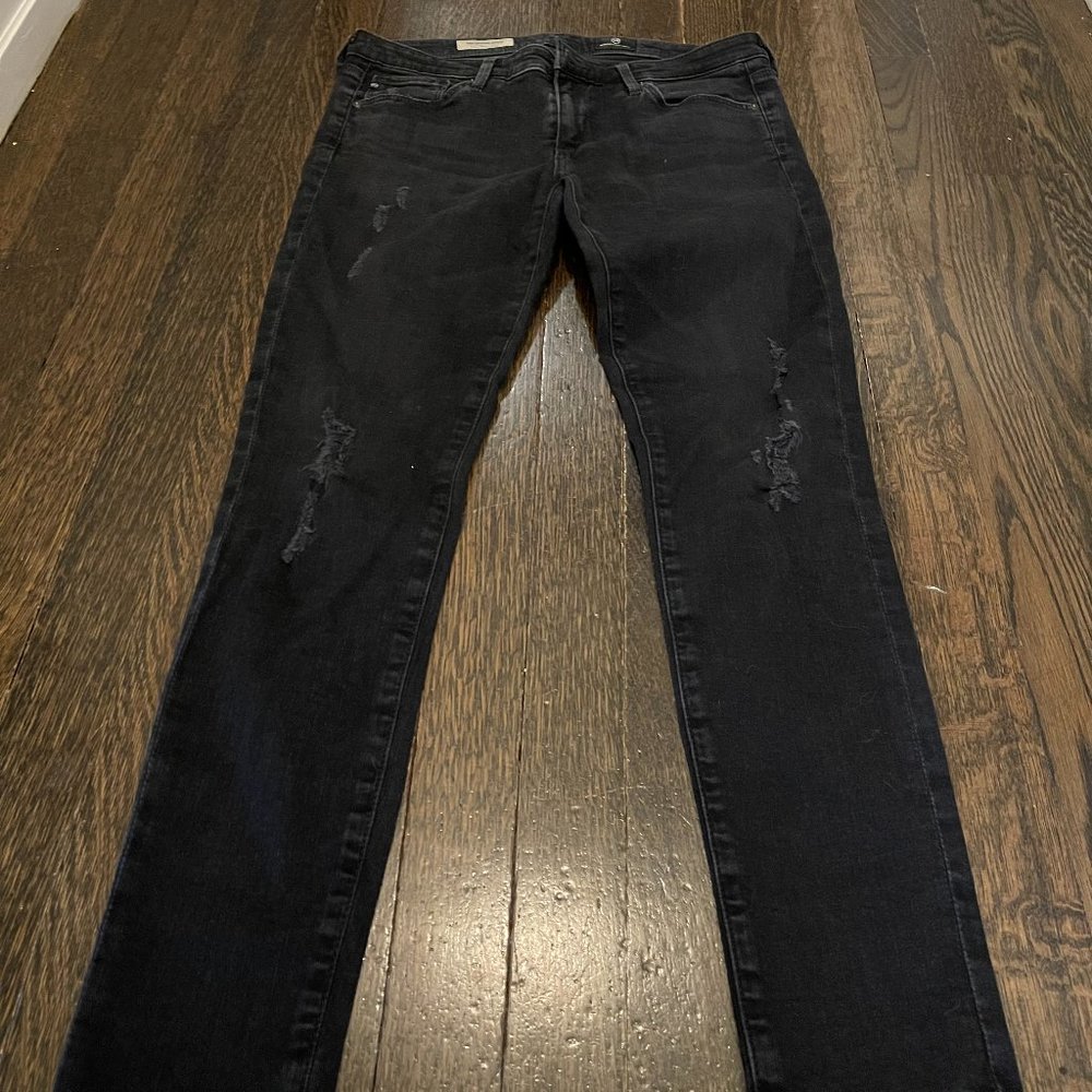 AG "The Legging Ankle" Distress Black Jeans. Sz 28